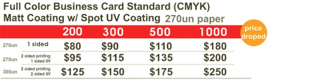 Offset Printing business cards on 270un or 380un paper Matt coating w/ Spot UV Coating